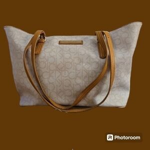 VTG CALVIN KLEIN 1990s White Logo Vinyl Tote Shoulder Bag FLAWED